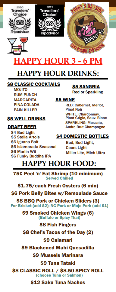 Porky's Bayside Restaurant happy hour menu offering discounted drinks and appetizers